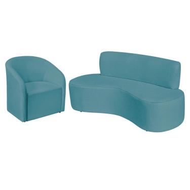 Imagem de Kit Sofá Curvo Amsterdã 140cm E Poltrona Luiza Max Suede Azul Turquesa
