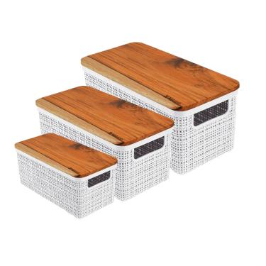 Imagem de Kit 3 Cesto Organizador Juta de Plástico Resistente Com Tampa de Madeira Capacidade Branco