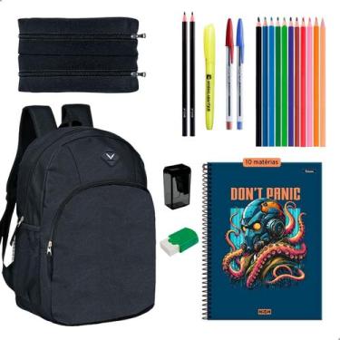 Imagem de Kit Material Escolar Mochila Caderno 10 Matérias Estojo Duplo + Itens 