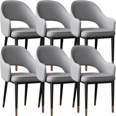 Imagem de Cadeiras de jantar de cozinha de couro artificial Napa Conjunto de 6 cadeiras ergonômicas com apoio de braços Assento com encosto resistente Pernas de metal em aço carbono Cozinha Sala de es