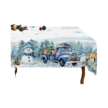 Imagem de Toalhas De Mesa Com Padrão De Floresta E Boneco De Neve Azul De Natal,
