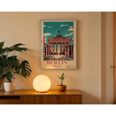Imagem de Quadro Decorativo Berlin Retangular 50x70CM em Canvas com Moldura Caixa para Parede Madeira