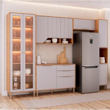Imagem de Cozinha Modulada 5 Peças com 1 Cristaleira 1 Balcão 2 Armários Aéreos e 1 Torre Celeste Cinamomo/Platina