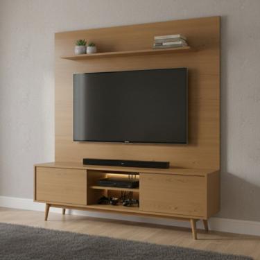 Imagem de Rack com Painel para Tv 75 Polegadas Pés em Madeira Maciça Origem Angelim