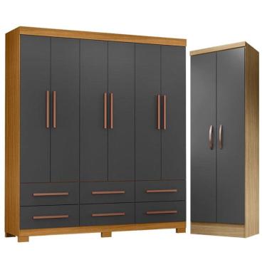 Imagem de Guarda Roupa Casal New Kansas e Armário Multiuso New Egito Carvalho Americano Grafite -...