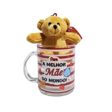 Imagem de Caneca de Vidro Dia das Mães 330ml + Urso Pelúcia Presente Cor:Listras