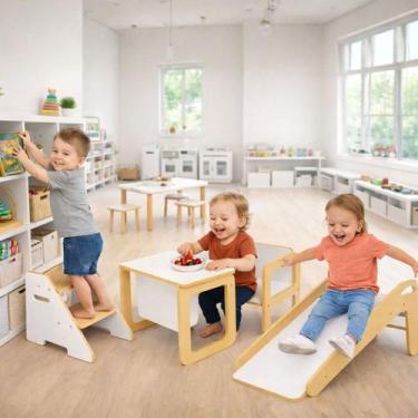 Imagem de Kit Montessori Mesa Cubo Escorregador Escada Infantil Oferta - Junges