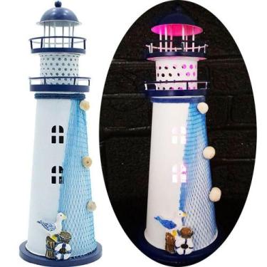 Imagem de Enfeite Náutico Farol Artesanal em Metal com Leds Embutidos 30CM Azul 