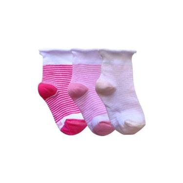 Imagem de Kit 3 Pares Meia Algodão Bebê Punho Suave Listradinha Conforto Tamanho