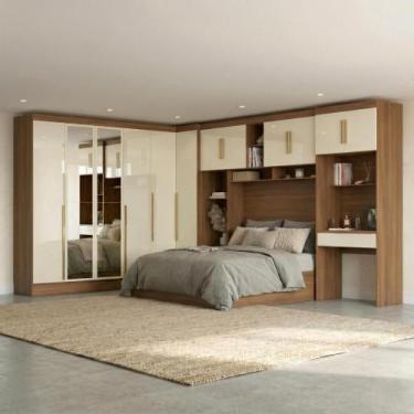 Imagem de Guarda Roupa Casal Modulado 5 Peças 12 Portas com Espelho, Cabeceira e