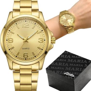 Imagem de relogio feminino banhado ouro aço inox caixa dourado original moda soc