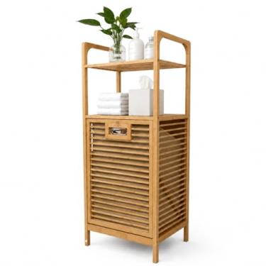 Imagem de HEIMON Cesto Bambu de Lavanderia Inclinável com Prateleiras de Armazenamento, Cesta de Roupas Removível, Armário, Banheiro, Quarto, Natural (2 níveis)