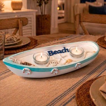 Imagem de Castiçal Porta Velas Barco em Madeira Decoração Praia Branco