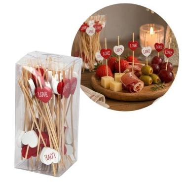 Imagem de Kit 50 Palitos de Aperitivo Bambu 12cm Coração Love Vermelho e Branco 