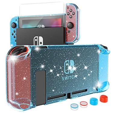 Imagem de HEYSTOP Capa compatível com Nintendo Switch Dockable, capa protetora de policarbonato compatível com Nintendo Switch e controle Joy Con com um interruptor protetor de tela e 4 tampas de polegar (glitter azul)