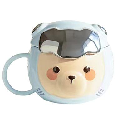 Imagem de Caneca de astronauta com colher de urso de cerâmica xícara de café de cerâmica de desenho infantil caneca de leite xícara de chá presente de aniversário escritório casa (azul esqui)