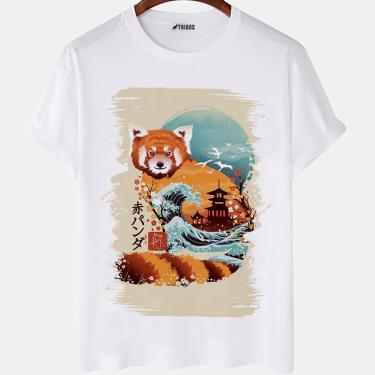 Imagem de Camiseta masculina Panda Vermelho Desenho Animal Art Camisa Blusa Branca Estampada