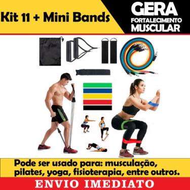 Imagem de Kit 11 Peças + 5 Mini Bands Faixa Elástica Musculação Pilates Fisioter