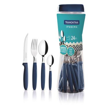 Imagem de Faqueiro Tramontina Ipanema Lâminas em Aço Inox Cabos de Polipropileno Azul com Pote Plástico 24 Pçs Tramontina
