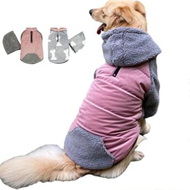 Imagem de Foern Jaqueta para cachorro com capuz, casaco jeans quente com tiras refletoras, botão de pano e zíper para coleira, roupas xadrez para cães pequenos, médios e grandes, rosa, M: 50 cm/19,7 pol