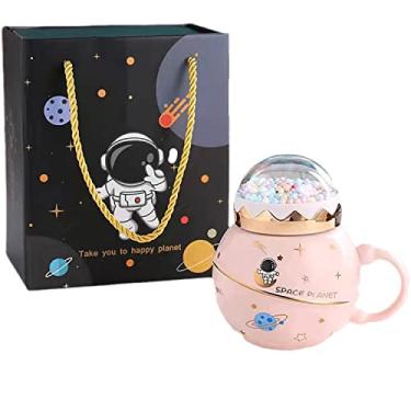 Imagem de seelucky Caneca de astronauta estilo minimalista com tampa de colher estrela copo de café de cerâmica infantil caneca de leite de desenho animado xícara de chá presente escritório casa (espaço rosa com caixa, 400 ml)