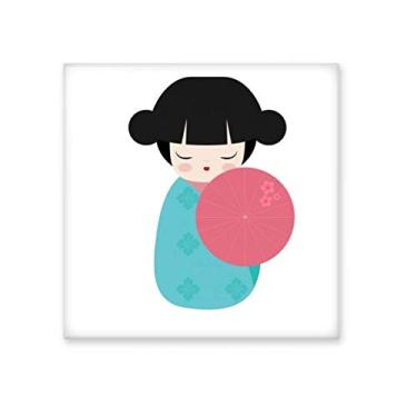 Imagem de Quimono azul Sakura Japão boneca cerâmica azulejo brilhante decalque pedra adornada tijolo vitrificado