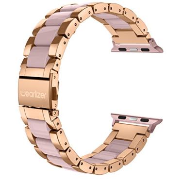 Imagem de Wearlizer Pulseira feminina compatível com Apple Watch de 38 mm, 40 mm, 41 mm, para iWatch SE, aço inoxidável e resina, fecho de metal de substituição para séries SE 8, 7, 6, 5, 4, 3, 2, 1, ouro rosa escuro + rosa