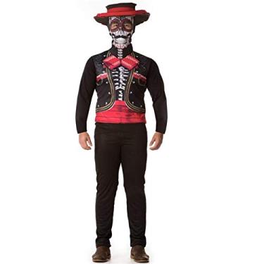 Imagem de Fantasia de Caveira Mexicana Adulto Masculino Halloween Com Gorro Estampado P 36-38