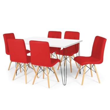 Imagem de Conjunto Mesa de Jantar Hairpin 130x80 Branca com 6 Cadeiras Eiffel Gomos - Vermelho