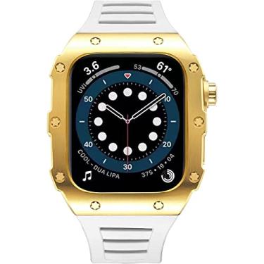 Imagem de MGTCAR Caixa de relógio de aço inoxidável, para Apple Watch Band Series 8 7 6 SE 5, kit de modificação 45mm 44mm caixa de metal pulseira de relógio de borracha tática proteção total para homens (cor: WG, tamanho: 44 mm para 6/5/4/SE)