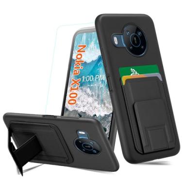 Imagem de Capa para celular Nokia X100 com protetor de tela de vidro temperado, suporte dobrável, suporte para cartões/slots de silicone TPU à prova de choque para Nokia X100 6,7 polegadas 2021 - Preto