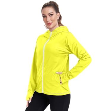 Imagem de junzan Camisetas femininas amarelas com proteção solar FPS 50+ proteção UV moletom com capuz atlético, Amarelo, P