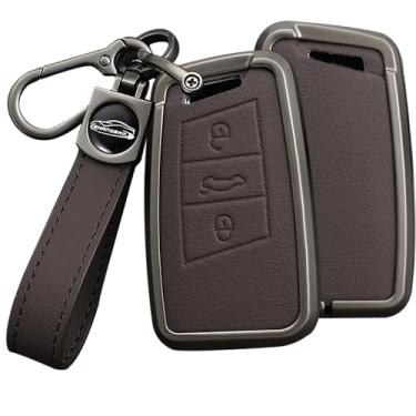 Imagem de HIBEYO Capa Smart Key Fob compatível com VW Volkswagen Passat Tiguan Skoda CC B8 MK2 B7 Superb A7 Magotan Key Leather & Alloy Key Cover Accessories with Keychains-A Keychain Brown