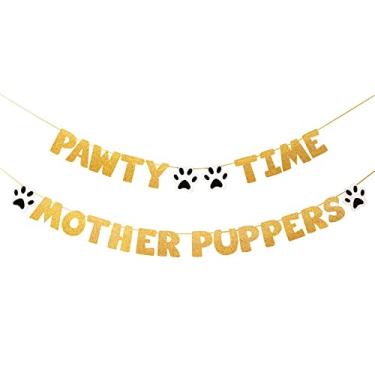 Imagem de Let's Pawty - Artigos de festa de aniversário para cães e gatos, filhotes de mãe da Pawty Time, faixa dourada divertida para decoração de festa de aniversário, menina menino, placa de pata de filhote de cachorro fofo