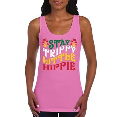 Imagem de Camiseta regata feminina Stay Trippy Little Hippie Puff Print Hippies Vintage Peace Love Happiness Retro 70s Cogumelos, Rosa choque, M