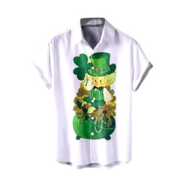 Imagem de Camisa masculina divertida do Dia de São Patrício Green Clover Saint Pattys Day Camisetas havaianas manga curta com botões Ahola, 037-branco, XXG