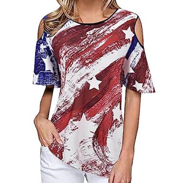 Imagem de Camiseta feminina com bandeira americana casual Fouth of July Stars Stripes Camisetas ombro vazado camiseta patriótica solta, Vermelho, G