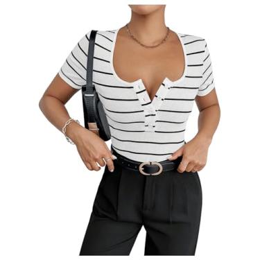 Imagem de SHENHE Camiseta feminina listrada de malha canelada gola canoa botão frontal manga curta casual, Branco e preto., M