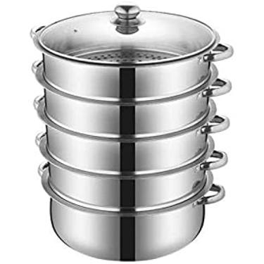 Imagem de Vaporizador de aço inoxidável de 5 camadas, panela de caldeira multicamadas com alças em ambos os lados, panela com tampa de vidro temperado, trabalho com gás, elétrico, fogão grill, próprio