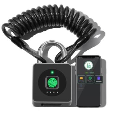 Imagem de Pothunder Cadeado de impressão digital, bloqueio de impressão digital com aplicativo, cadeado com cabo de aço biométrico sem chave, cadeado inteligente à prova d'água, adequado para academia, armário