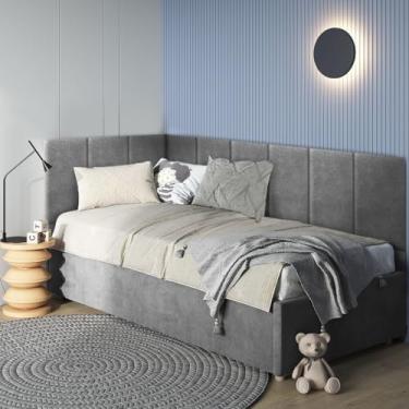 Imagem de Kit Cabeceiras Estofada Modular Para Cama Solteiro Casal King ou Super King Painel Módulos Adesivos (Cinza, Solteiro em L (300X40cm))