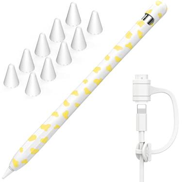 Imagem de NIUTRENDZ Capa com estampa de vaca para Apple Pencil 1ª geração, capa protetora de silicone, acessórios de manga com pontas de lápis da Apple e cabo adaptador de cabo (amarelo)