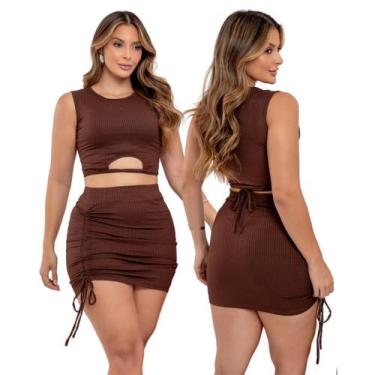 Imagem de Conjunto Feminino Canelado Cropped Ajustável com Laço e Saia Regulável