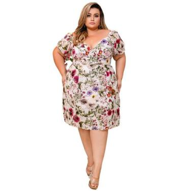 Imagem de Vestido feminino curto decote V profundo florido laise bordado algodão