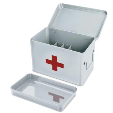 Imagem de Plexon Kit de primeiros socorros, caixa de armazenamento de medicamentos de metal de 21,6 cm com tampa, organizador de caixa de kit de primeiros socorros, branco