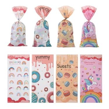 Imagem de Dagslys 100 unidades de sacos de guloseimas de celofane de aniversário coloridos donuts sacos de guloseimas doces 4 estilos sacos de plástico OPP com laços torcidos para decoração de festa de