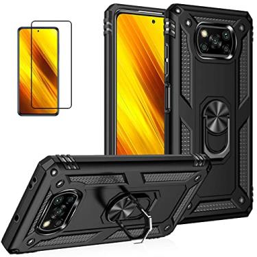 Imagem de Capa para Xiaomi POCO X3 NFC/X3 Pro com película protetora, proteção militar, híbrida, resistente, à prova de choque, capa protetora traseira para POCO X3 com suporte de anel (preto)