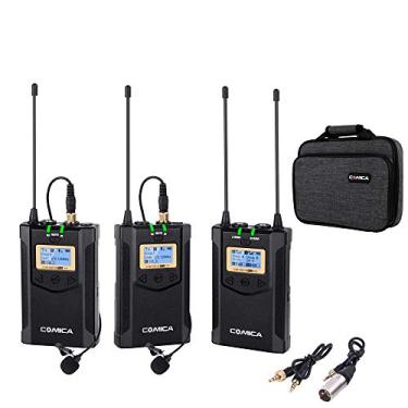 Imagem de Microfone Lavalier Sem Fio Comica CVM-WM100 PLUS UHF, Sistema Dual de 48 Canais, Inclui Bolsa, para Câmeras DSLR, Camcorder XLR, Smartphone, Mic Lapela para Entrevistas e Gravações no YouTube