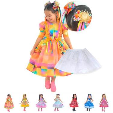 Imagem de Vestido Festa Junina Luxo Várias Cores + 2 Enfeite Cabelo + Saia Armaç