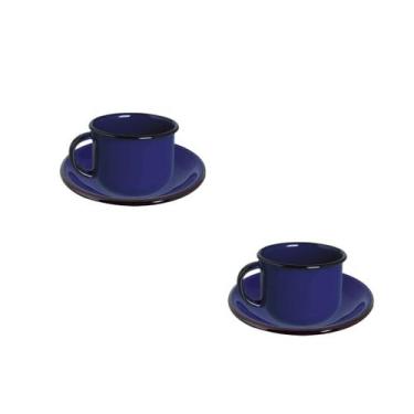 Imagem de Par Xícara 240ml com Pires Esmaltados Premium Café Azul - Ewel